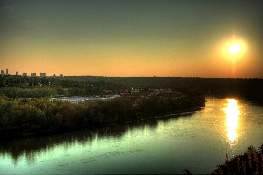 edmonton, canada, saskatchewan river, water, nature, reflections, sunset, sky, clouds, buildings, skyline, city, cities, trees, outside, dusk, evening, edmonton, edmonton, edmonton, edmonton, edmonton